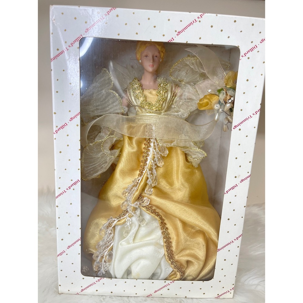 Vintage Dillard's Trimmings Porcelain Angel Tree Topper Gold Gown With Box